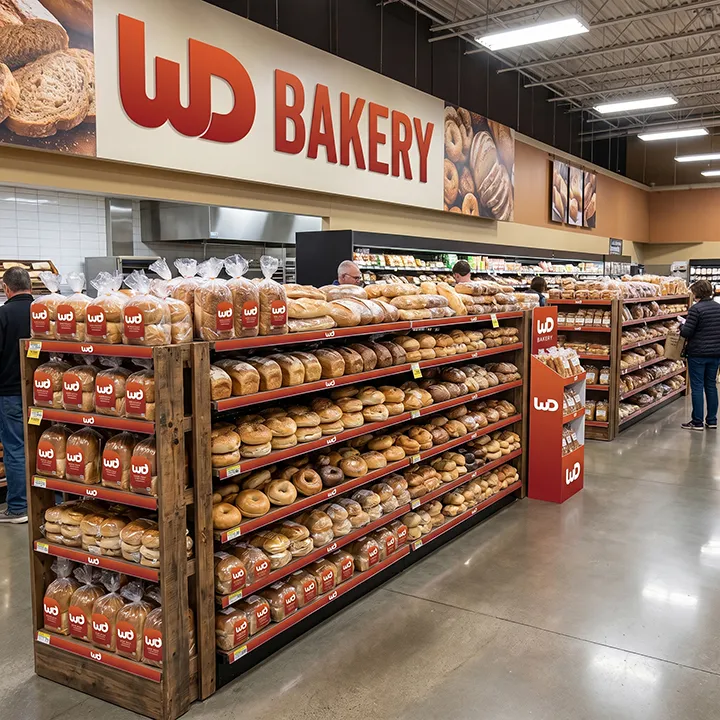 Grocery store bakery aisle with Womp Designs Bakery signage and stocked bread shelves.