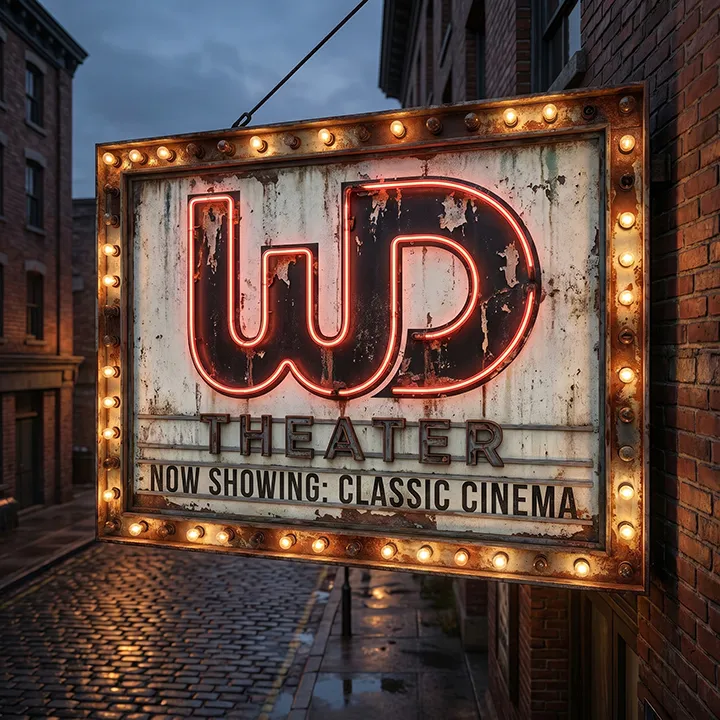 Vintage brick theater exterior at dusk with a neon sign reading Womp Designs Theater.