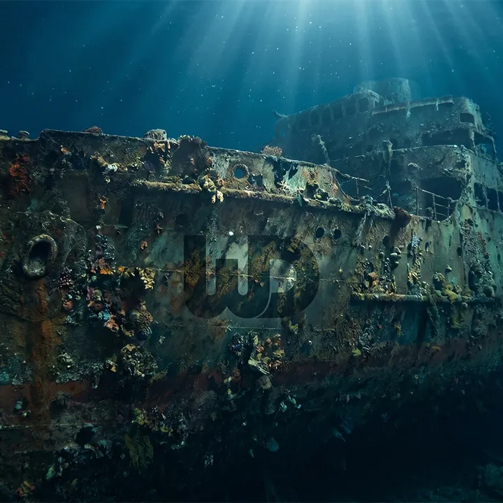 Underwater view of a coral-covered shipwreck with a dark Womp Designs logo on the hull.