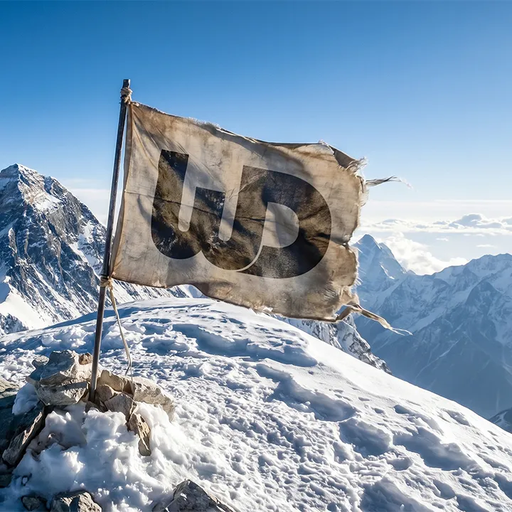 Tattered white flag with a black Womp Designs logo planted on a snowy mountain peak.