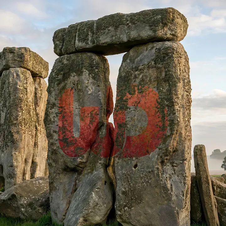 Stonehenge monument megaliths superimposed with a large, faded red Womp Designs logo.