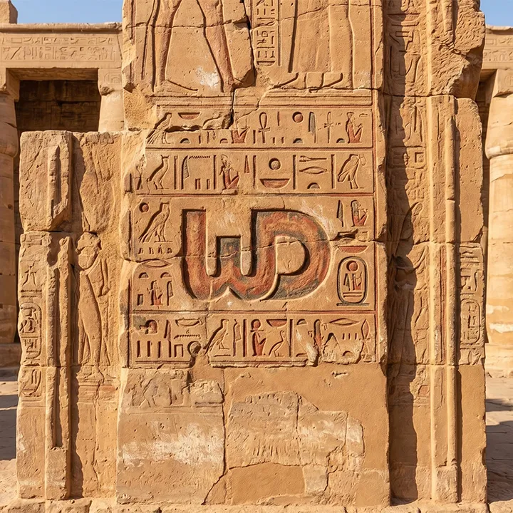 Hieroglyphics on an ancient Egyptian temple wall featuring a red and black Womp Designs logo.
