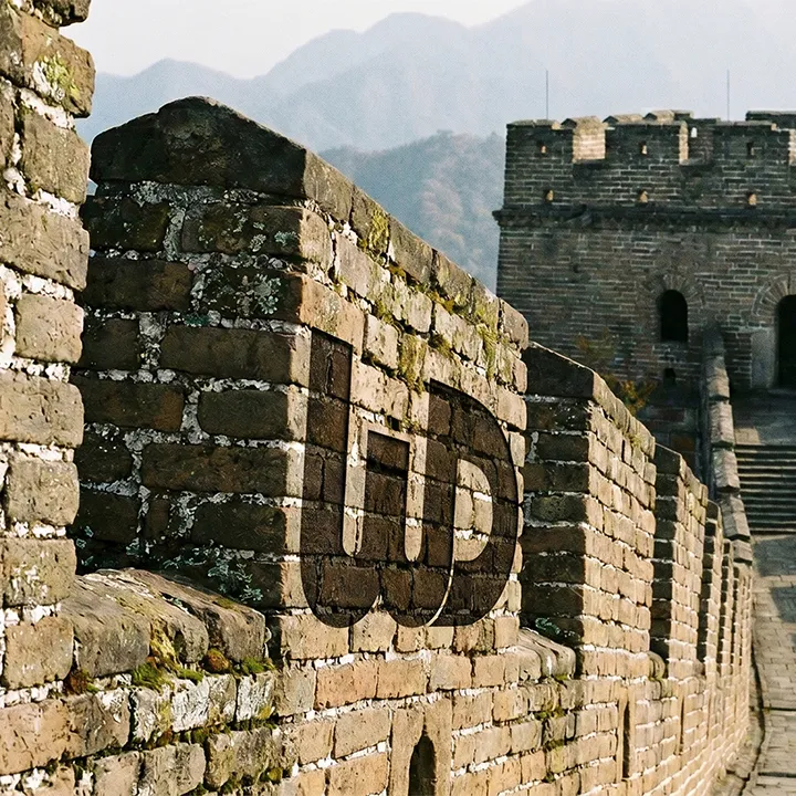 Angled view of the Great Wall of China with a Womp Designs logo engraved into the brickwork.