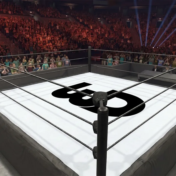 Empty wrestling ring in a packed arena with a large black Womp Designs logo on the canvas.