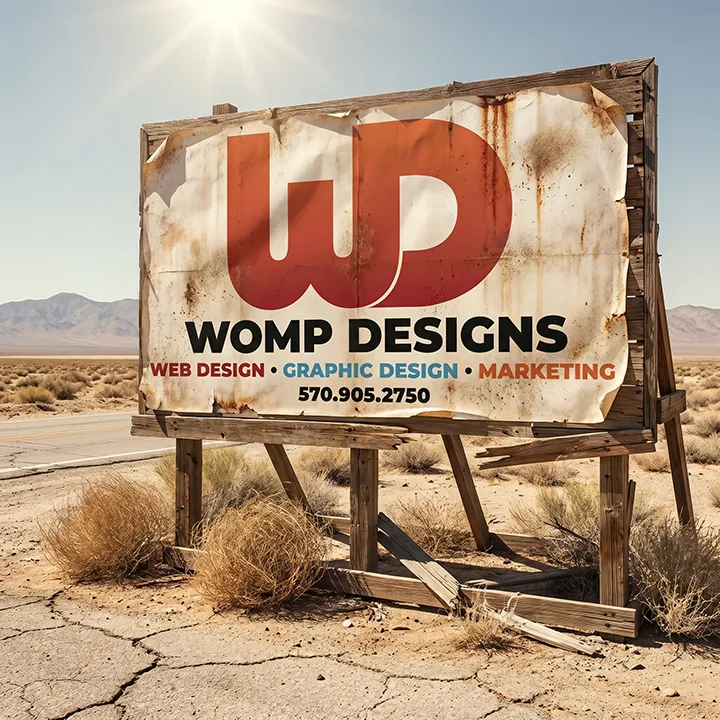 Weathered wooden billboard in a desert advertising Womp Designs marketing and web design.