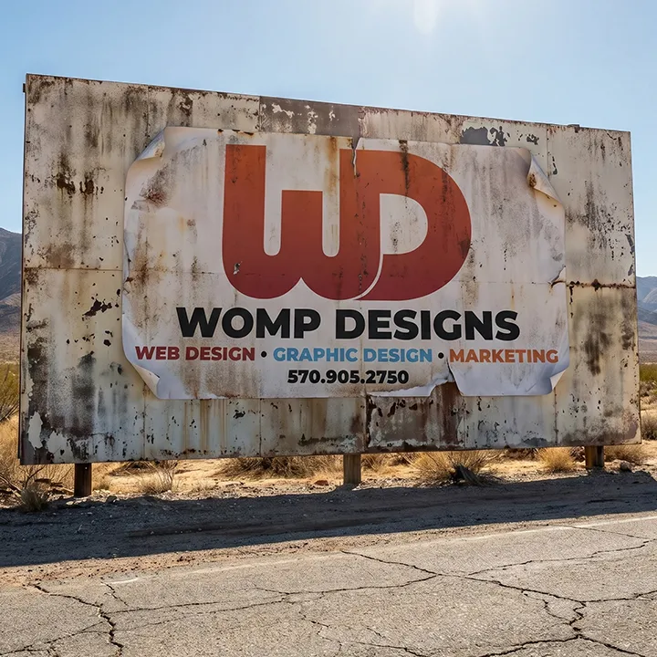 Rusted metal roadside billboard in a desert displaying a faded Womp Designs ad.