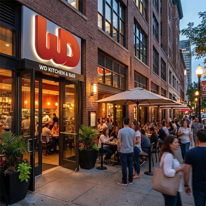 Patrons dining on the outdoor patio of Womp Designs Kitchen & Bar at evening.