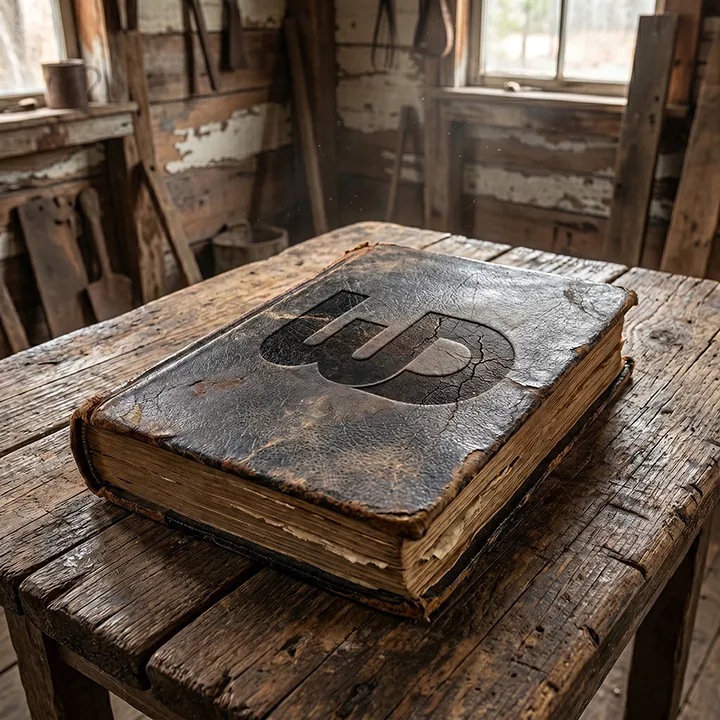 Ancient leather-bound book with an embossed Womp Designs logo resting on a rustic wooden table.