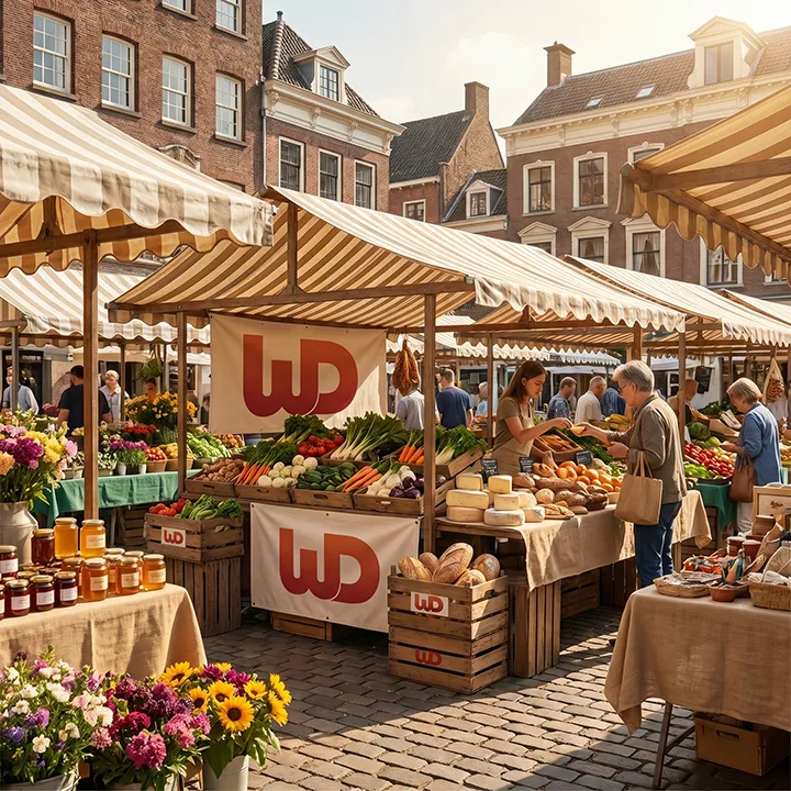European outdoor market stalls featuring fresh produce and Womp Designs logo banners.