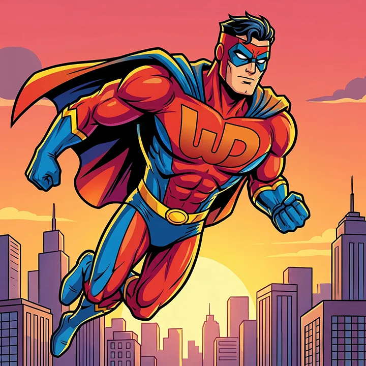 Comic book style illustration of a superhero flying over a city with a Womp Designs chest emblem.